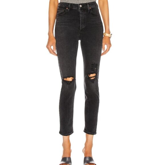 Agolde Moto Black Skinny Jean Nico High Rise Slim Faded Distressing 30 - Picture 1 of 9